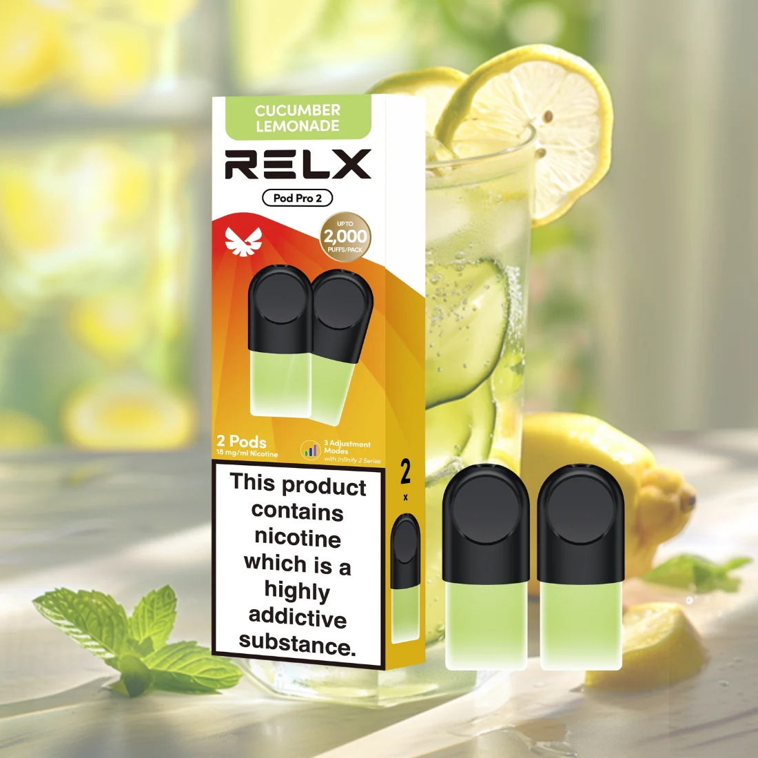 RELX Pod Pro Cucumber Lemonade Beverage Flavors 18mg/ml Nicotine - Six Pandas